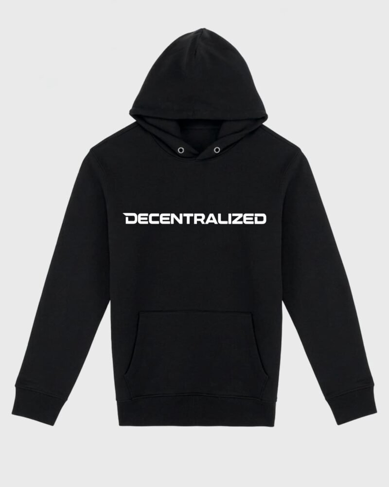 sudadera negra con la palabra decentralized en el pecho