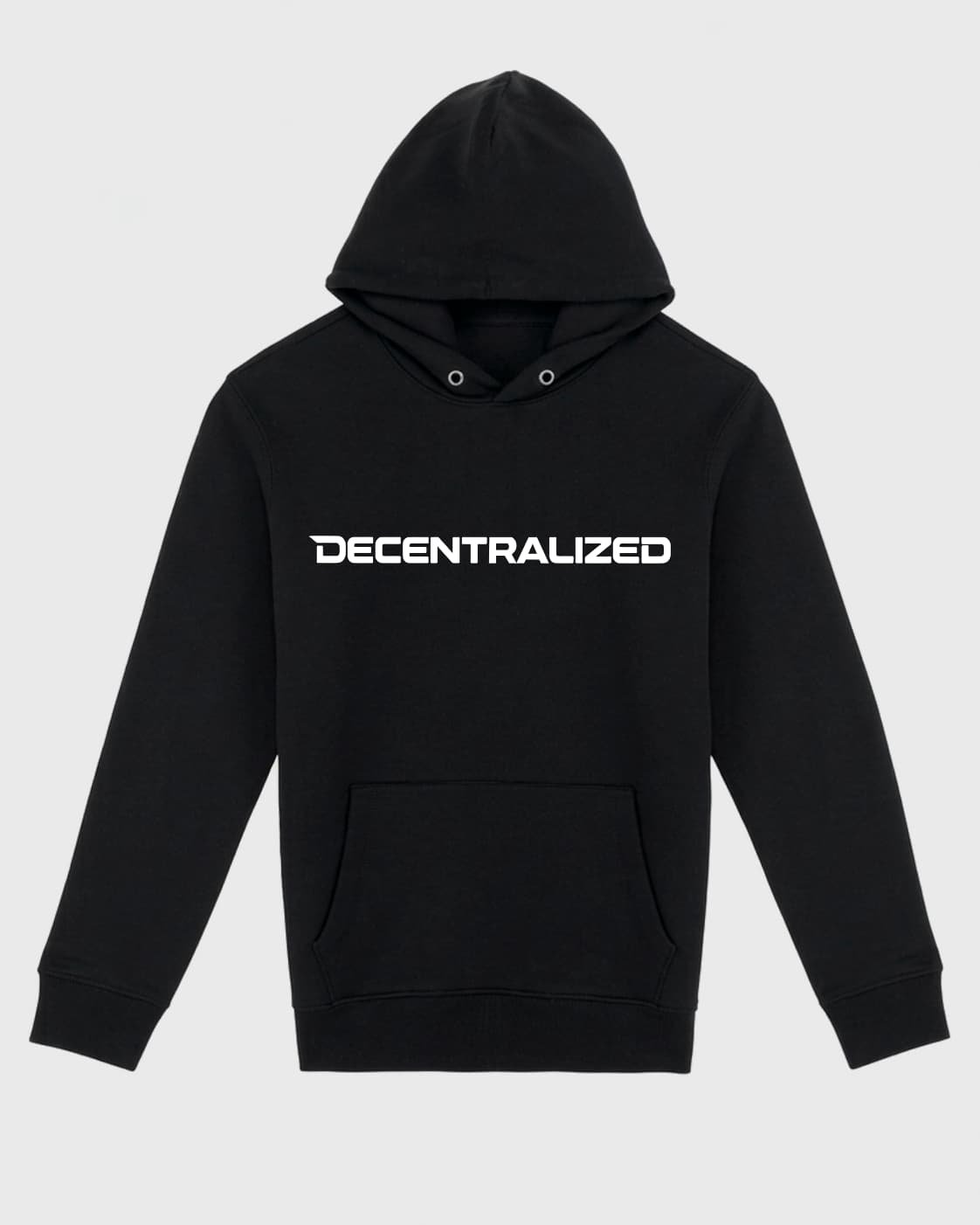 sudadera negra con la palabra decentralized en el pecho