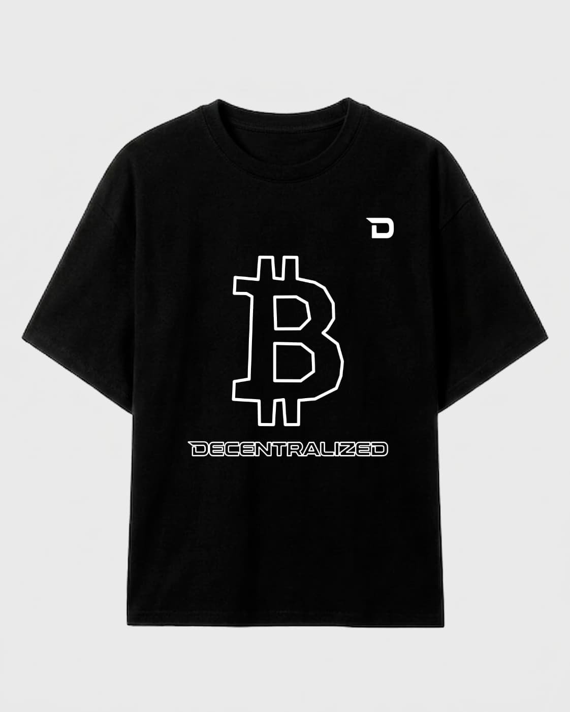 camiseta negra con el signo de bitcoin de color blanco en el pecho