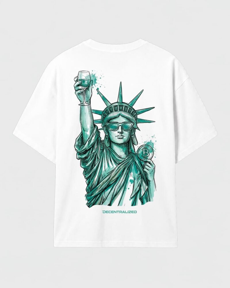 camiseta blanca con la estatua de la libertad sosteniendo una copa para brindar en una mano, y bitcoin en la otra.