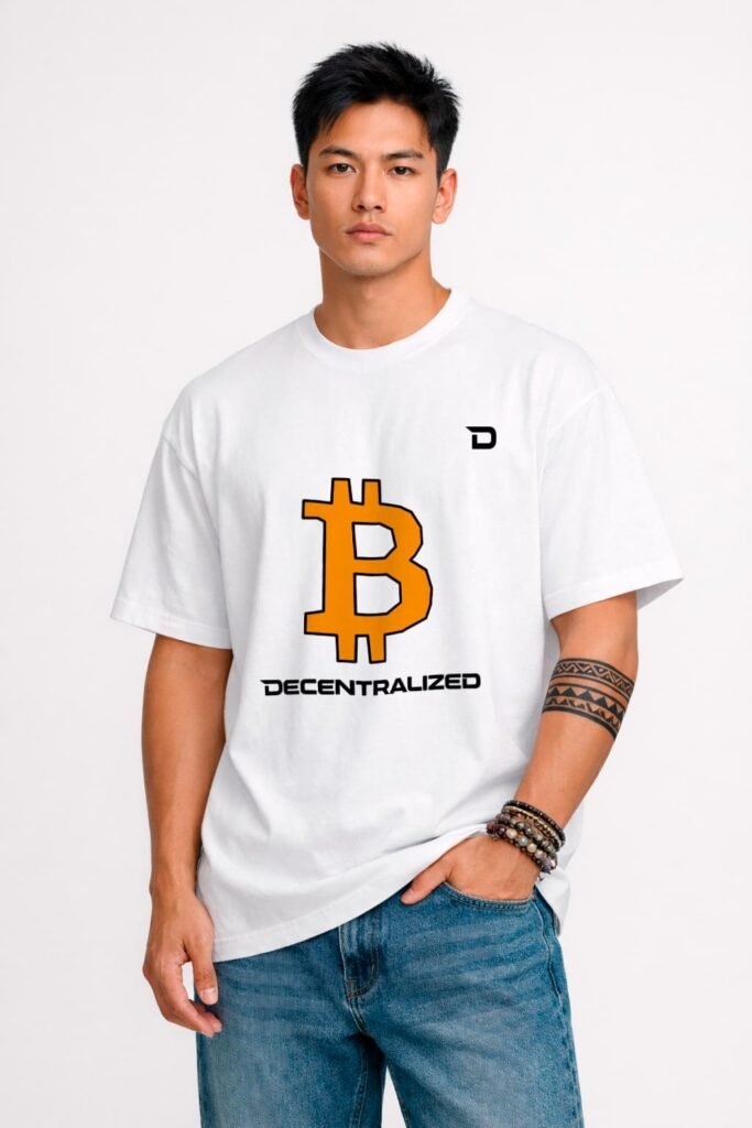 chico con camiseta blanca con el signo de bitcoin en el centro