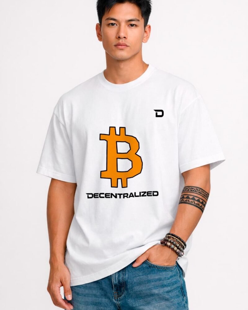 chico con camiseta blanca con el signo de bitcoin en el centro