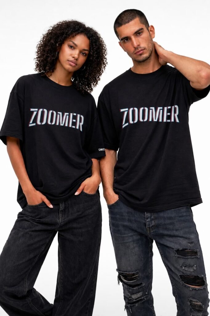 chicos con una camiseta negra con la palabra zoomer en el centro