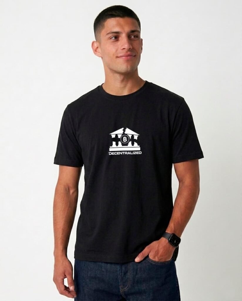 Chico con camiseta fit regular con el signo de bitcoin minimalista