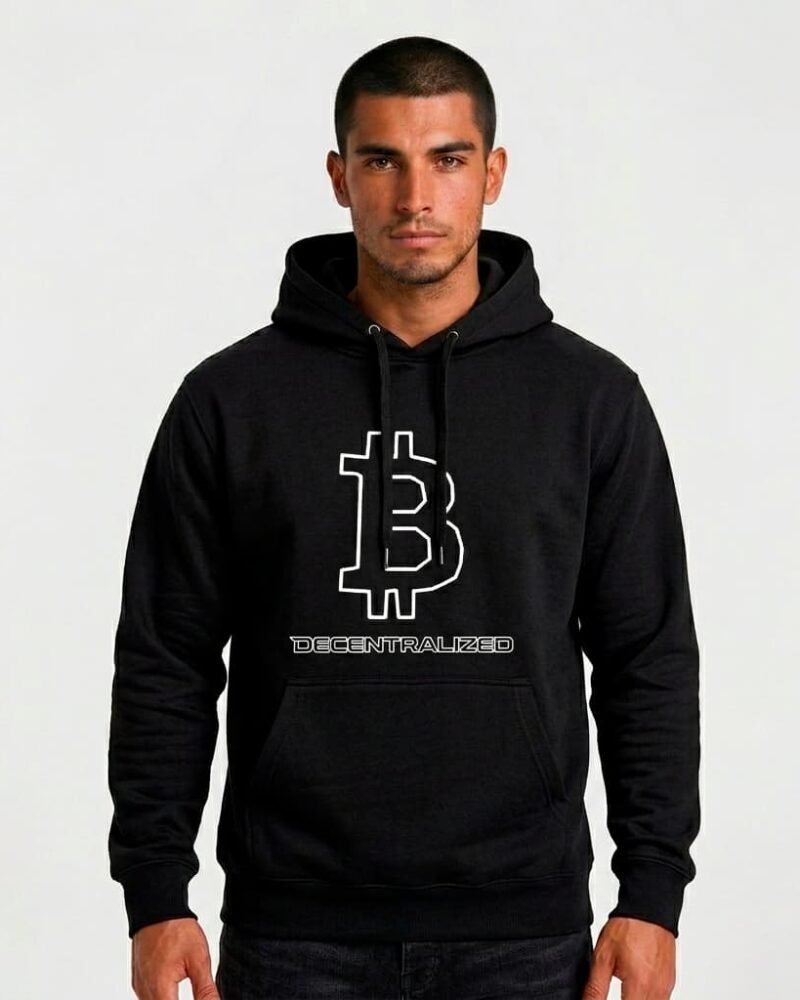 chico con una sudadera con el signo de bitcoin de la marca decentralized
