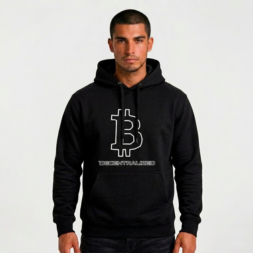 chico con una sudadera con el signo de bitcoin de la marca decentralized